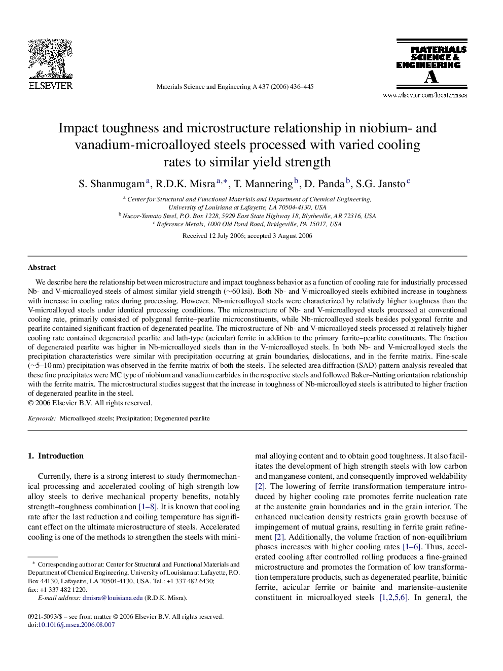 Impact toughness and microstructure relationship in niobium- and vanadium-microalloyed steels processed with varied cooling rates to similar yield strength