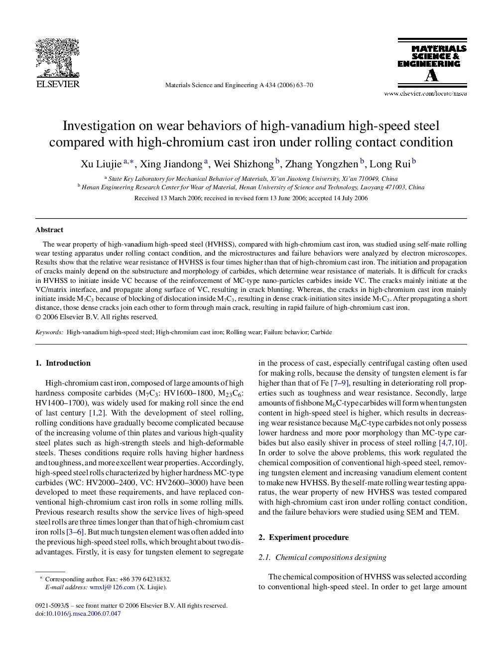 Investigation on wear behaviors of high-vanadium high-speed steel compared with high-chromium cast iron under rolling contact condition