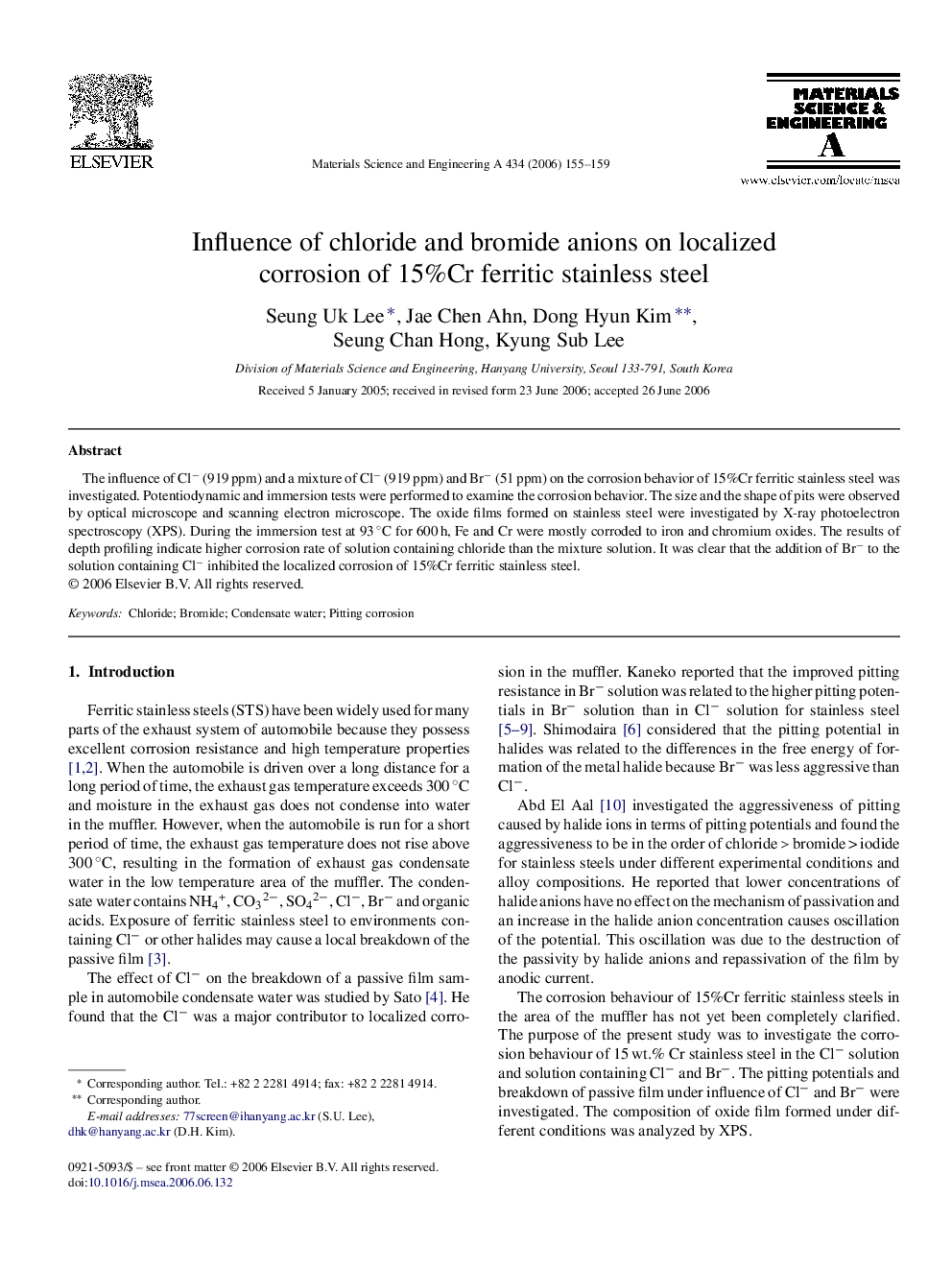 Influence of chloride and bromide anions on localized corrosion of 15%Cr ferritic stainless steel