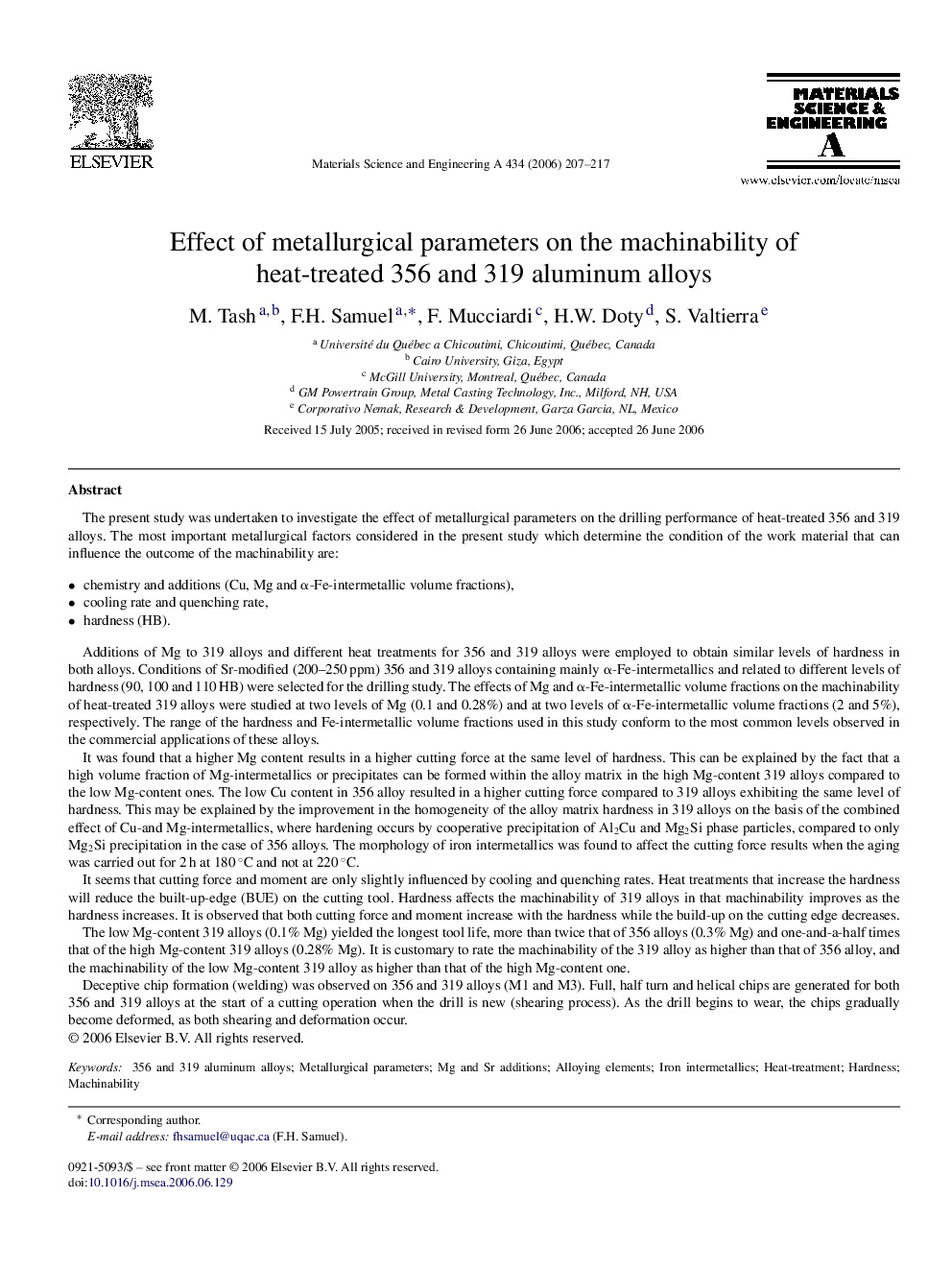 Effect of metallurgical parameters on the machinability of heat-treated 356 and 319 aluminum alloys