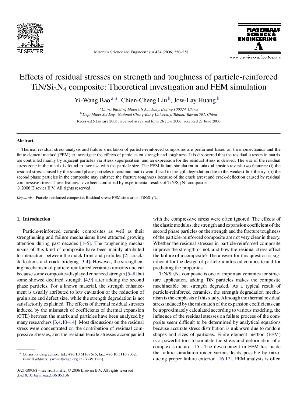 Effects of residual stresses on strength and toughness of particle-reinforced TiN/Si3N4 composite: Theoretical investigation and FEM simulation