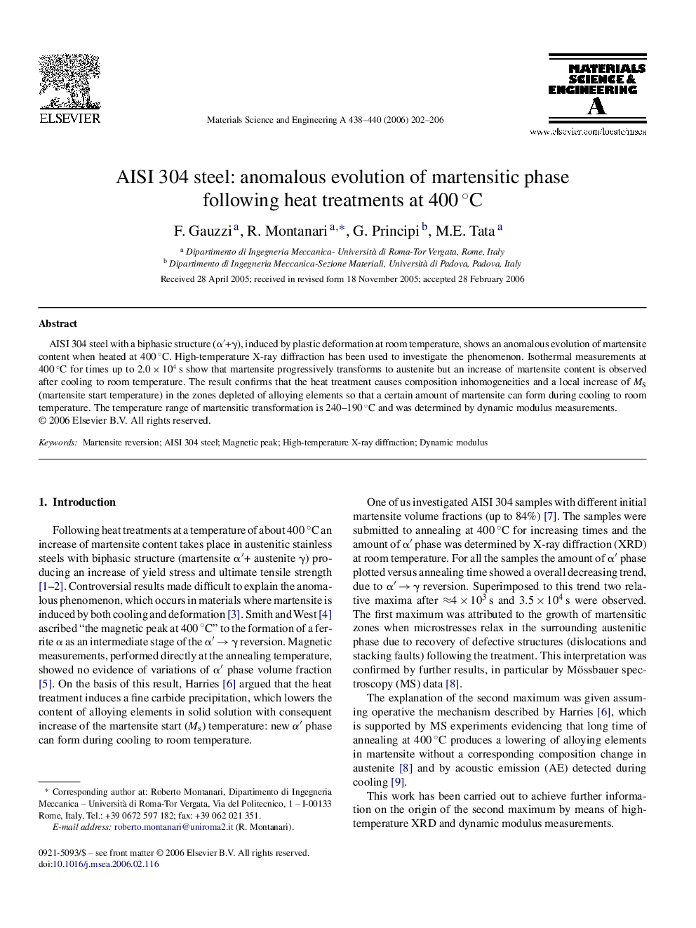 AISI 304 steel: anomalous evolution of martensitic phase following heat treatments at 400 °C