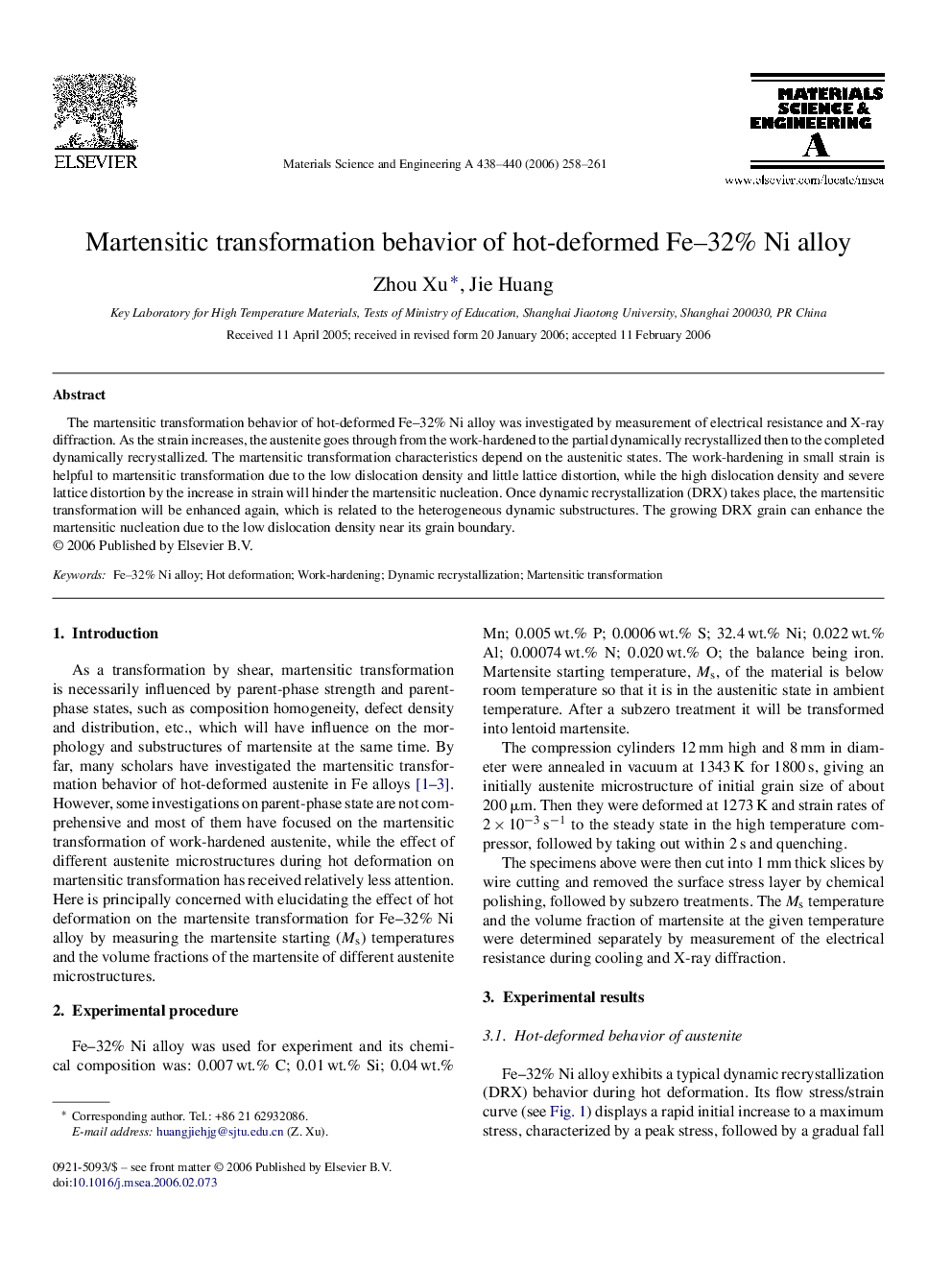 Martensitic transformation behavior of hot-deformed Fe–32% Ni alloy