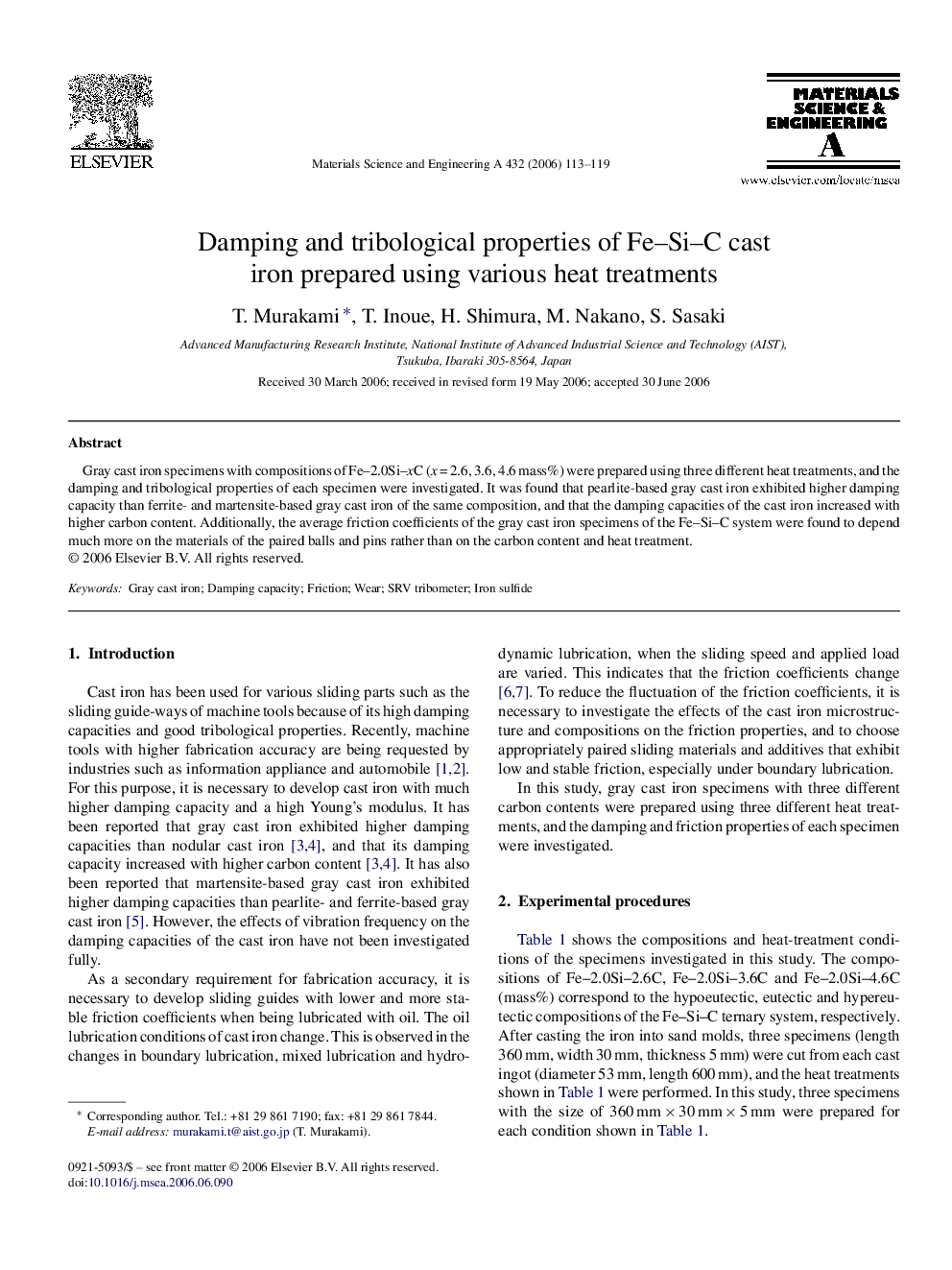 Damping and tribological properties of Fe–Si–C cast iron prepared using various heat treatments