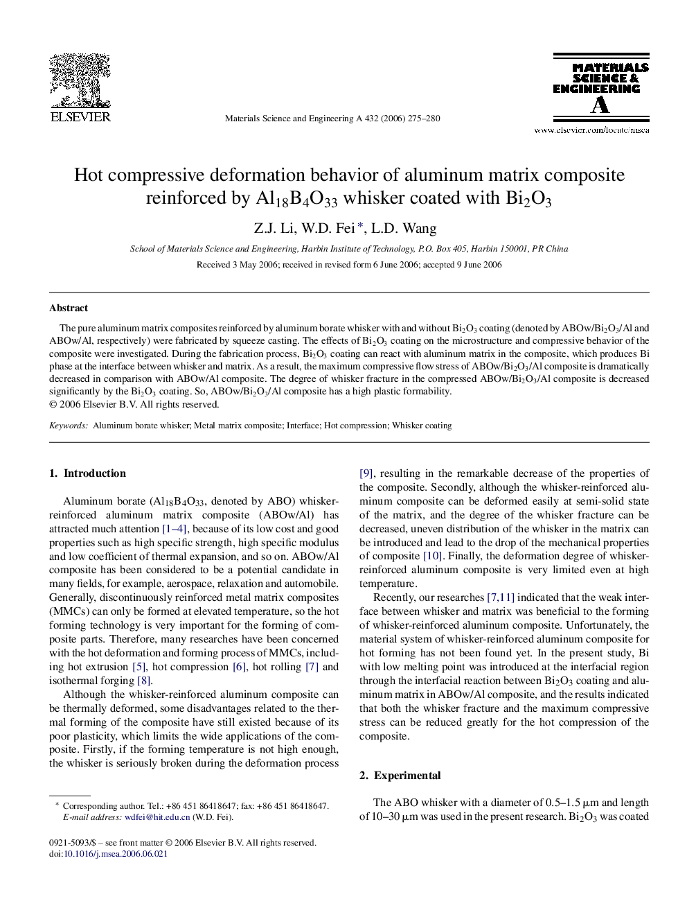 Hot compressive deformation behavior of aluminum matrix composite reinforced by Al18B4O33 whisker coated with Bi2O3