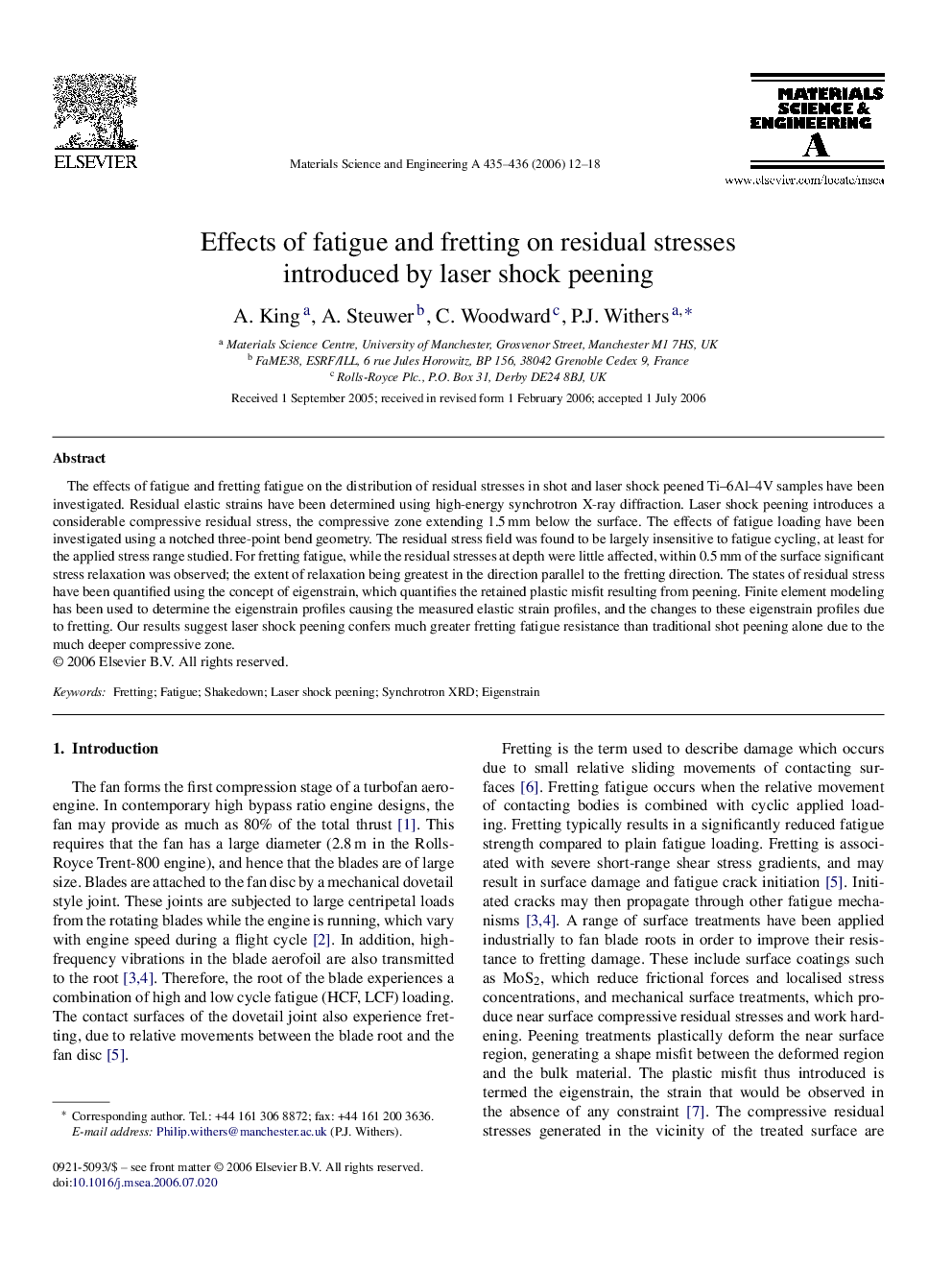 Effects of fatigue and fretting on residual stresses introduced by laser shock peening