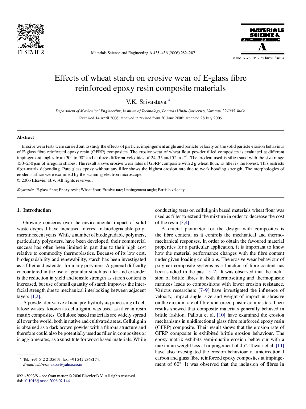 Effects of wheat starch on erosive wear of E-glass fibre reinforced epoxy resin composite materials