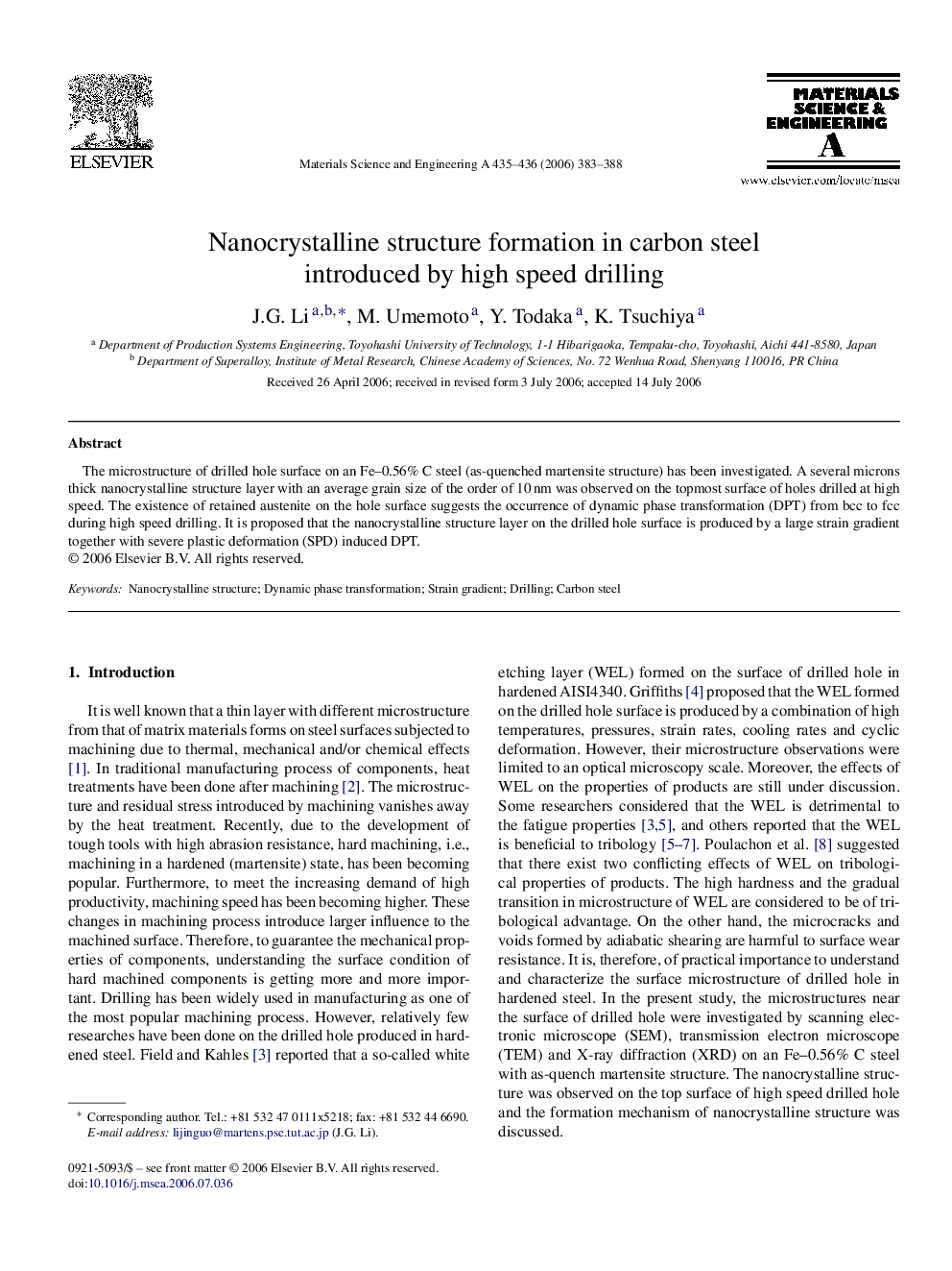 Nanocrystalline structure formation in carbon steel introduced by high speed drilling