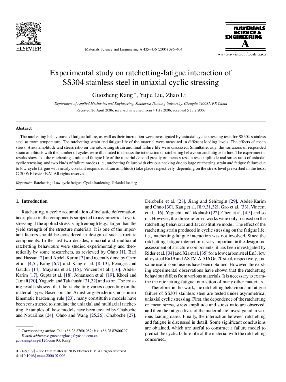 Experimental study on ratchetting-fatigue interaction of SS304 stainless steel in uniaxial cyclic stressing