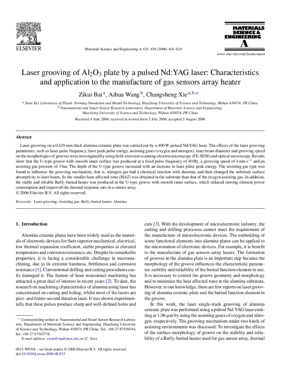 Laser grooving of Al2O3 plate by a pulsed Nd:YAG laser: Characteristics and application to the manufacture of gas sensors array heater