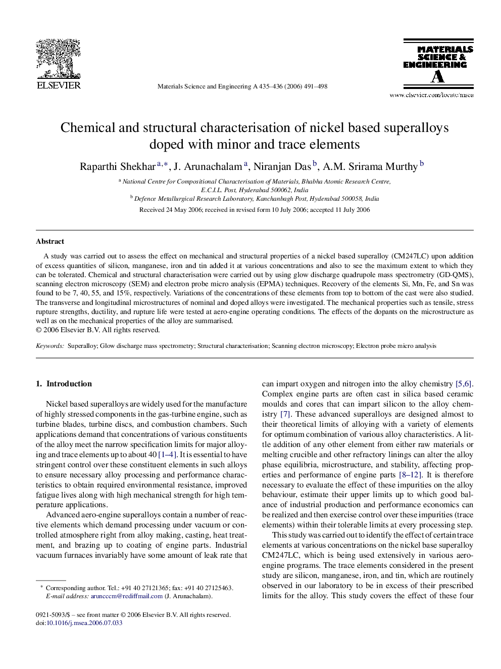 Chemical and structural characterisation of nickel based superalloys doped with minor and trace elements