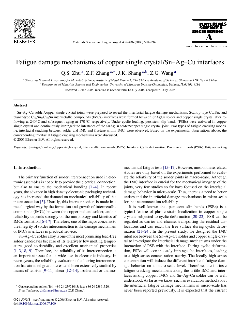 Fatigue damage mechanisms of copper single crystal/Sn–Ag–Cu interfaces