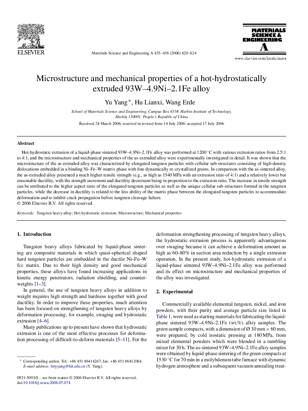 Microstructure and mechanical properties of a hot-hydrostatically extruded 93W–4.9Ni–2.1Fe alloy