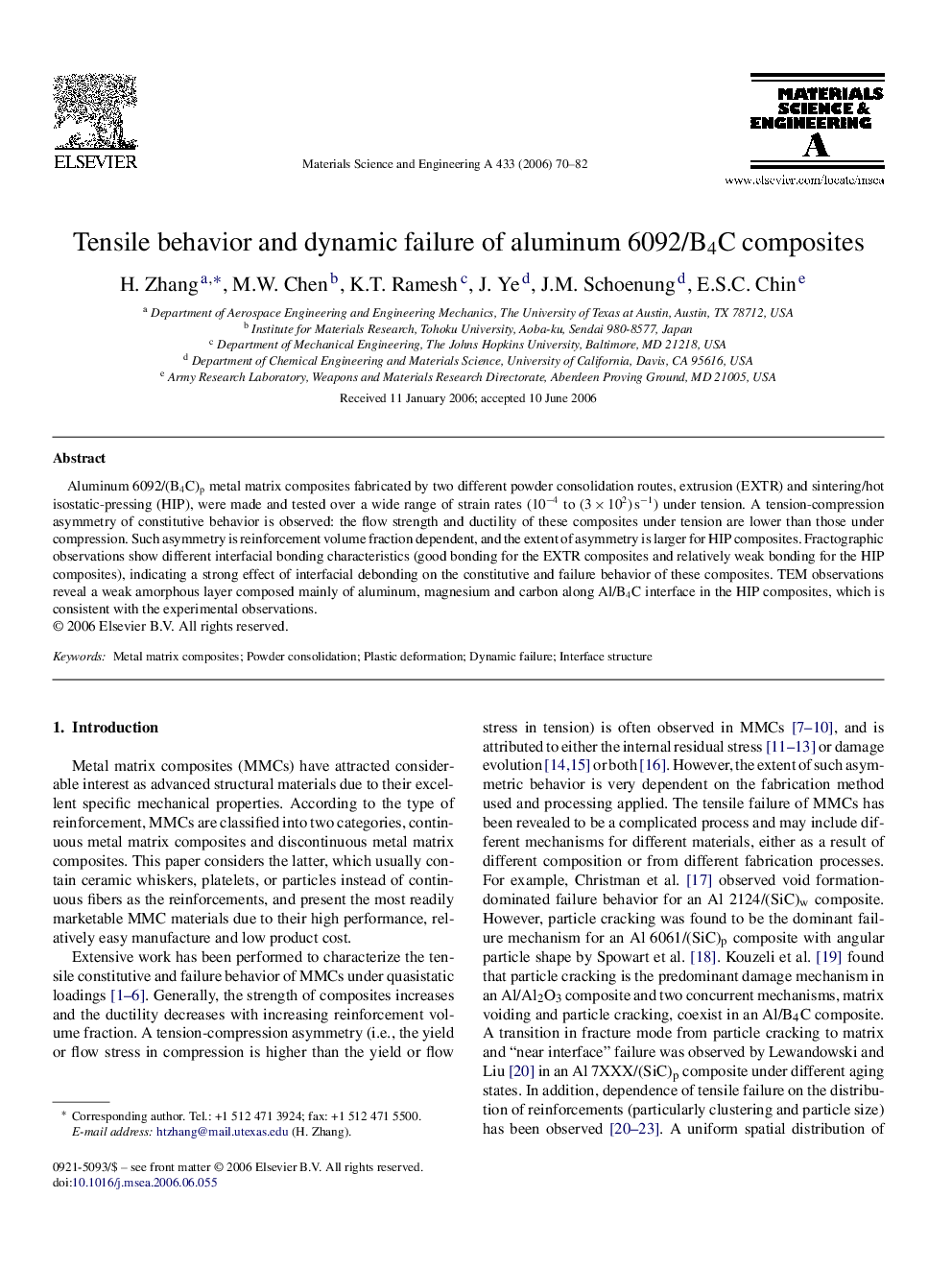 Tensile behavior and dynamic failure of aluminum 6092/B4C composites