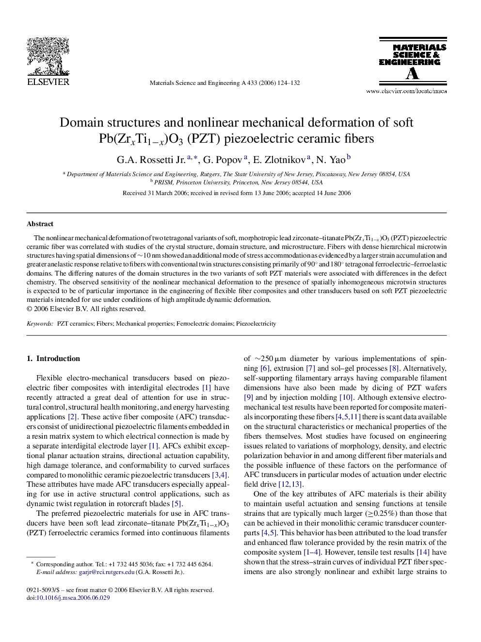 Domain structures and nonlinear mechanical deformation of soft Pb(ZrxTi1−x)O3 (PZT) piezoelectric ceramic fibers