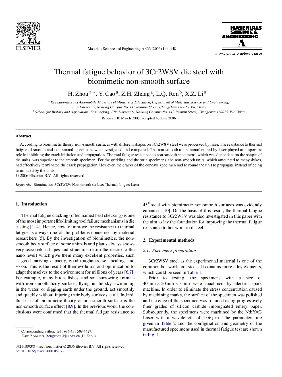 Thermal fatigue behavior of 3Cr2W8V die steel with biomimetic non-smooth surface