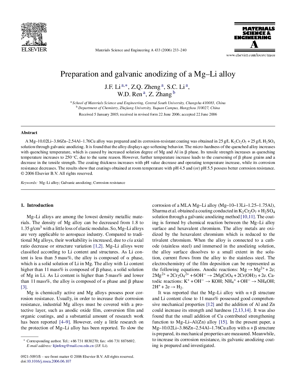 Preparation and galvanic anodizing of a Mg-Li alloy