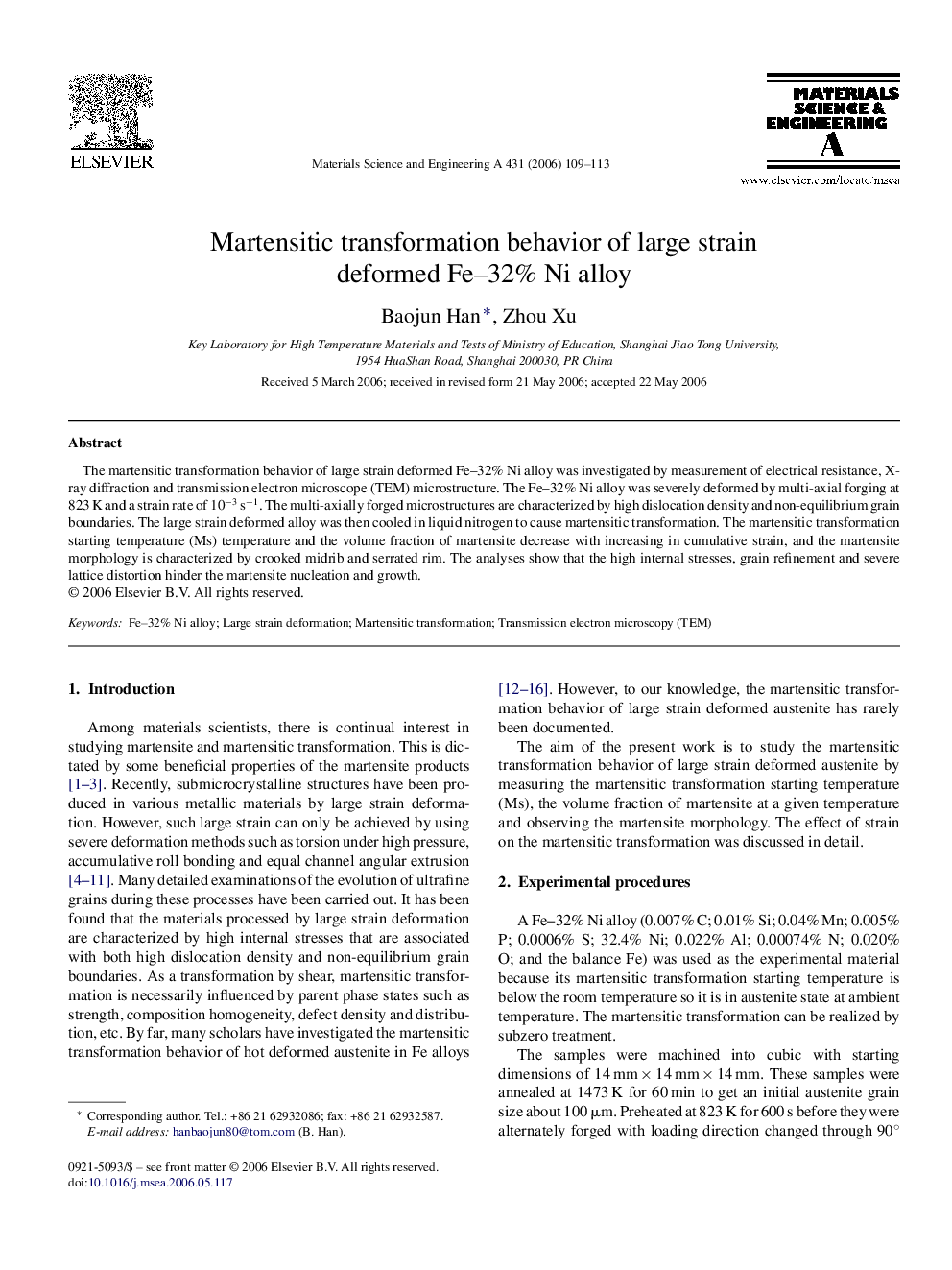 Martensitic transformation behavior of large strain deformed Fe–32% Ni alloy