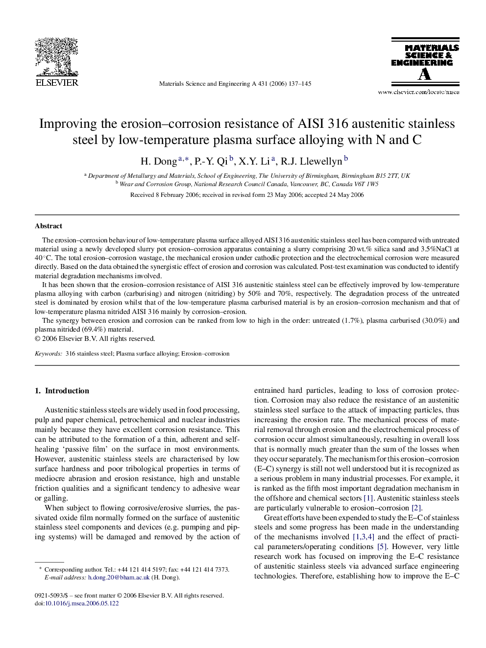 Improving the erosion–corrosion resistance of AISI 316 austenitic stainless steel by low-temperature plasma surface alloying with N and C