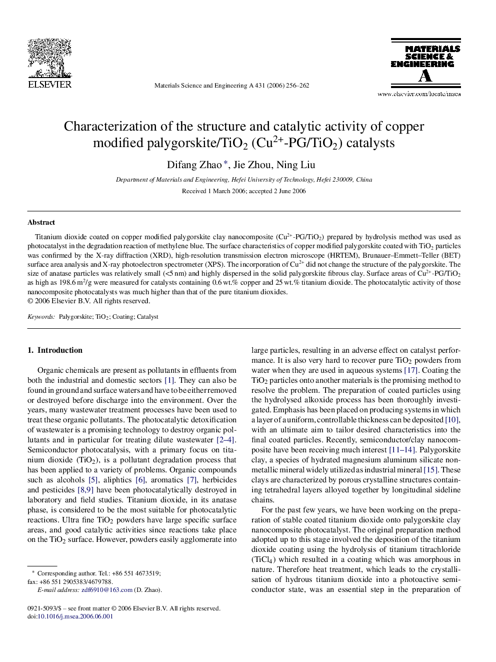 Characterization of the structure and catalytic activity of copper modified palygorskite/TiO2 (Cu2+-PG/TiO2) catalysts