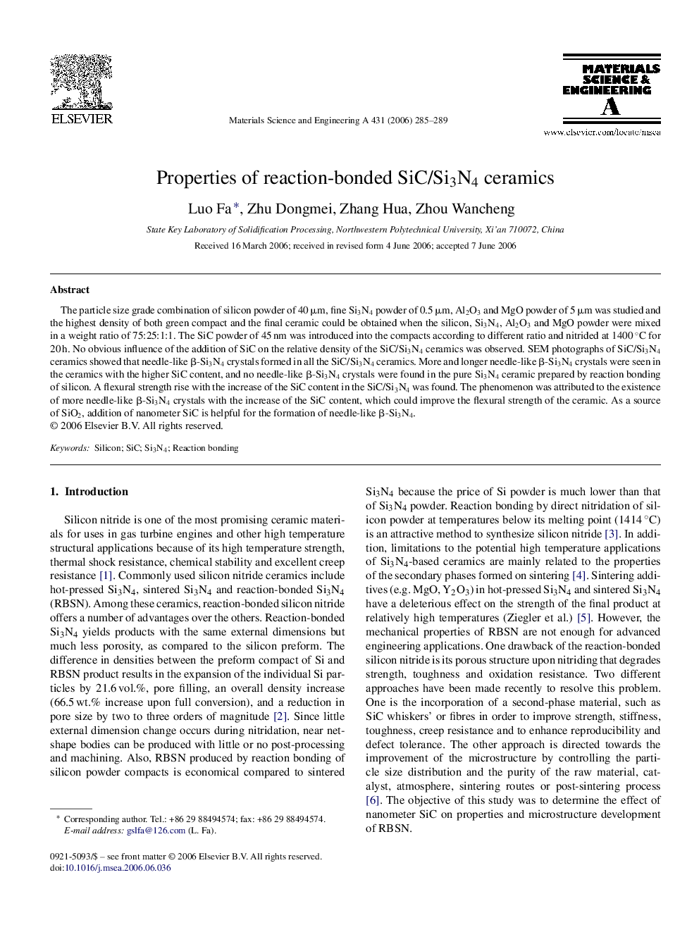 Properties of reaction-bonded SiC/Si3N4 ceramics