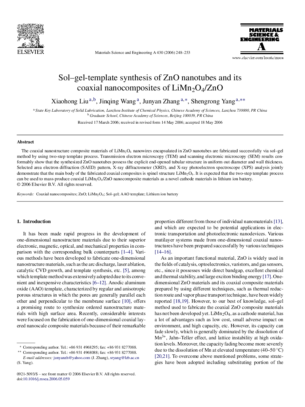 Sol–gel-template synthesis of ZnO nanotubes and its coaxial nanocomposites of LiMn2O4/ZnO