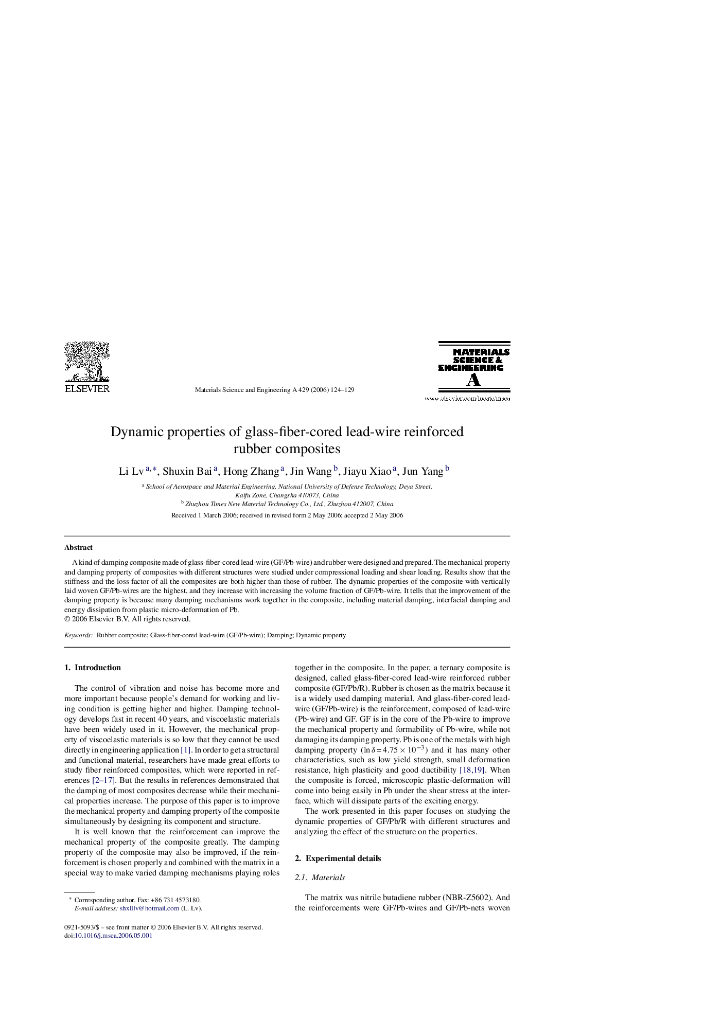 Dynamic properties of glass-fiber-cored lead-wire reinforced rubber composites