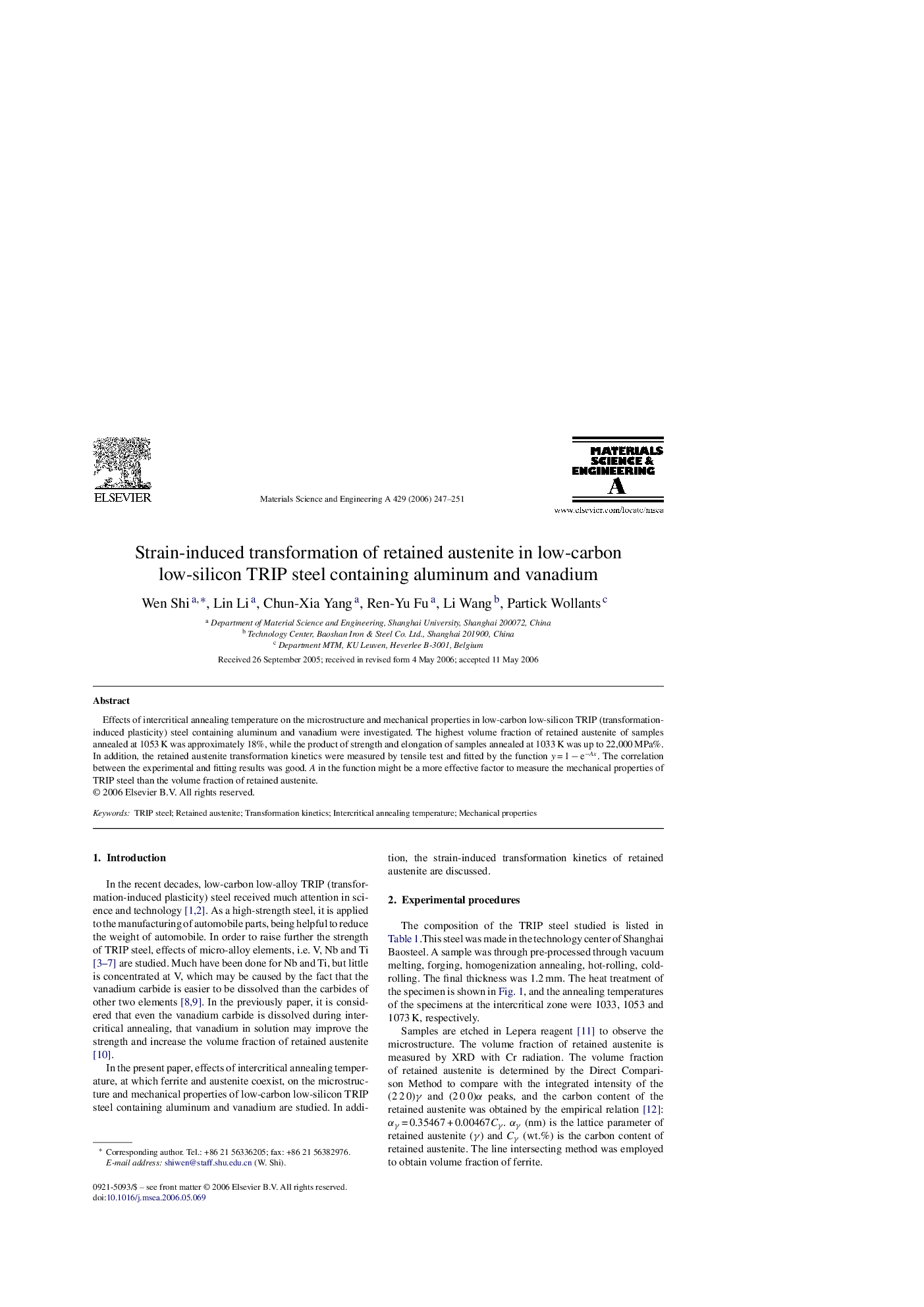 Strain-induced transformation of retained austenite in low-carbon low-silicon TRIP steel containing aluminum and vanadium