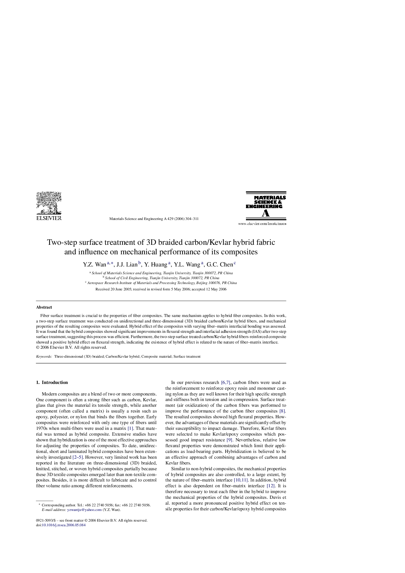 Two-step surface treatment of 3D braided carbon/Kevlar hybrid fabric and influence on mechanical performance of its composites