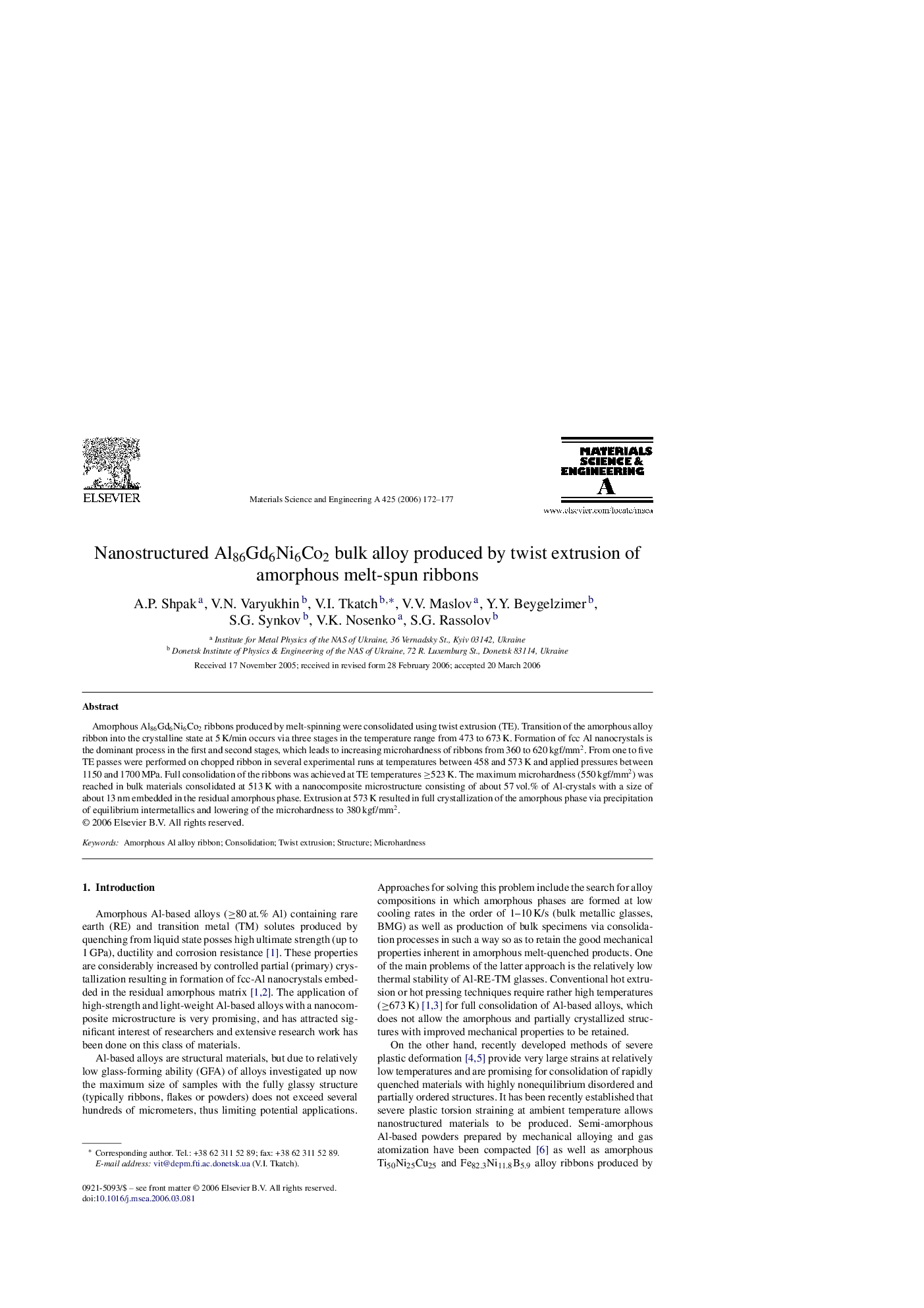 Nanostructured Al86Gd6Ni6Co2 bulk alloy produced by twist extrusion of amorphous melt-spun ribbons