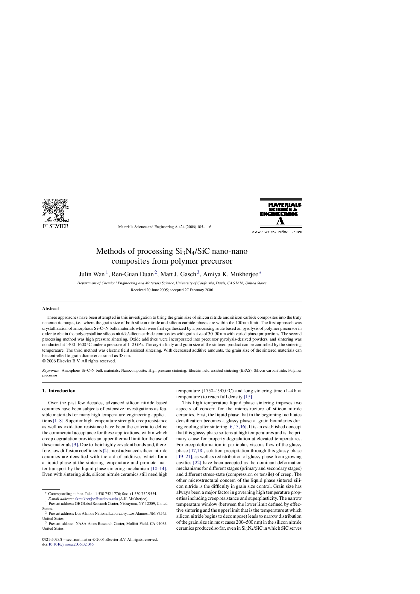 Methods of processing Si3N4/SiC nano-nano composites from polymer precursor