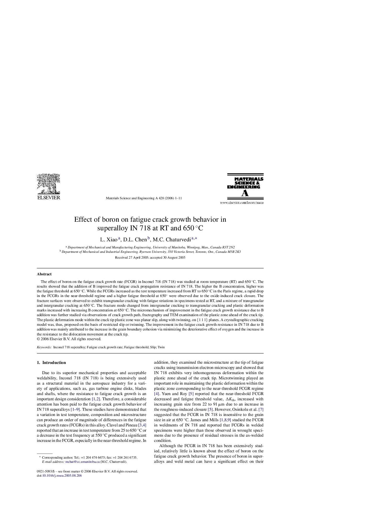 Effect of boron on fatigue crack growth behavior in superalloy IN 718 at RT and 650Â Â°C