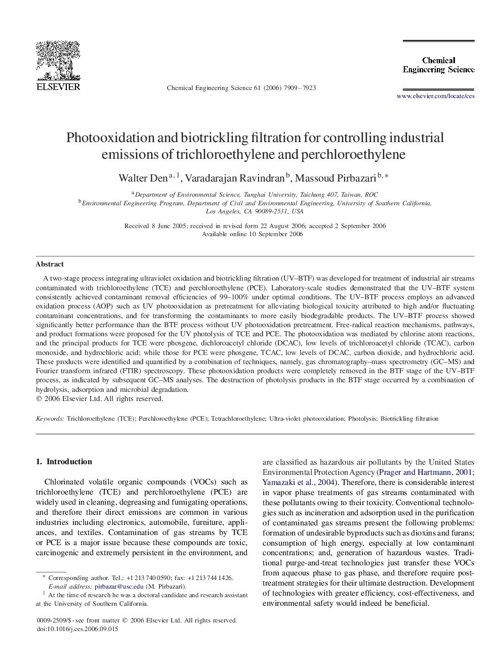 Photooxidation and biotrickling filtration for controlling industrial emissions of trichloroethylene and perchloroethylene