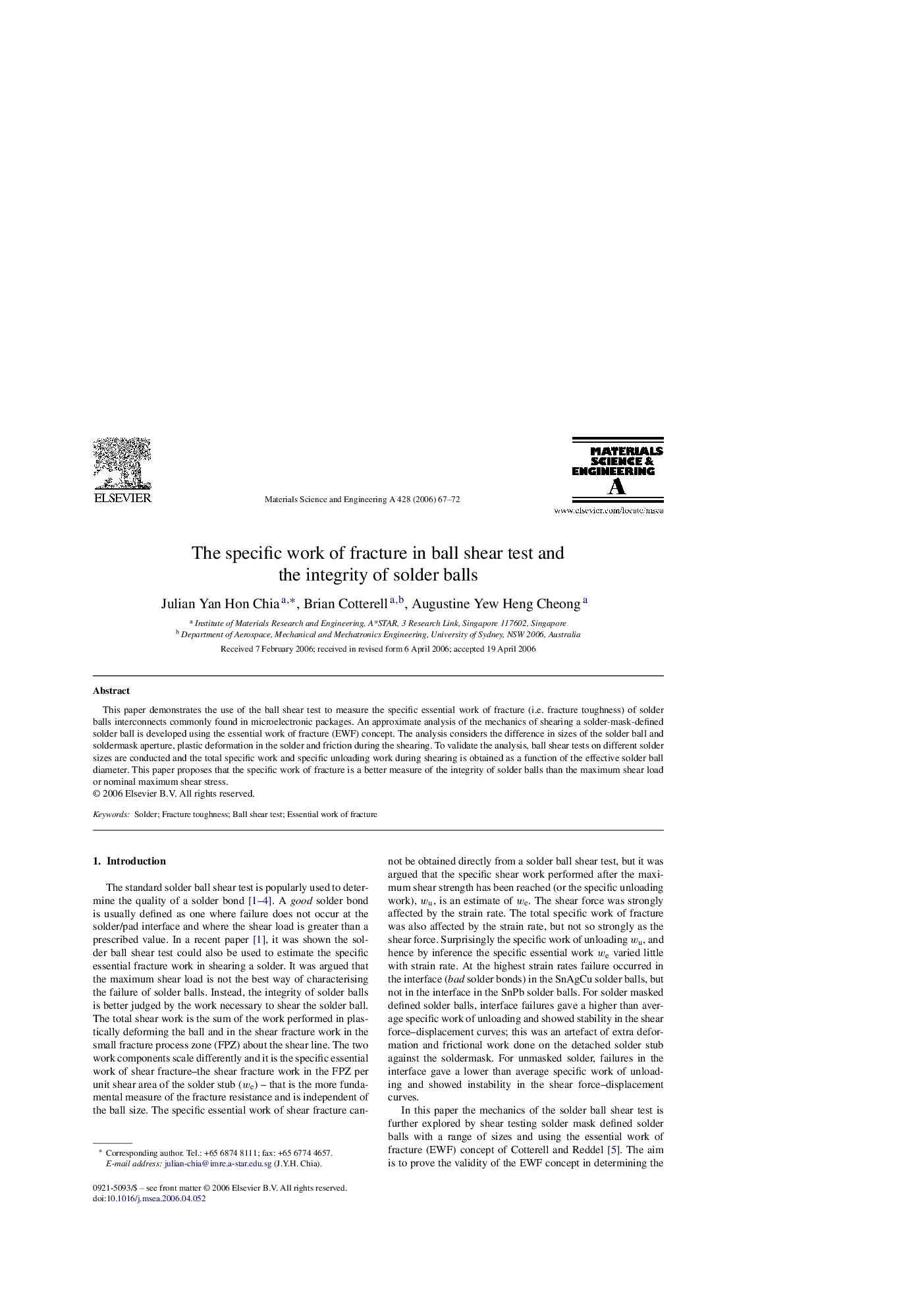 The specific work of fracture in ball shear test and the integrity of solder balls