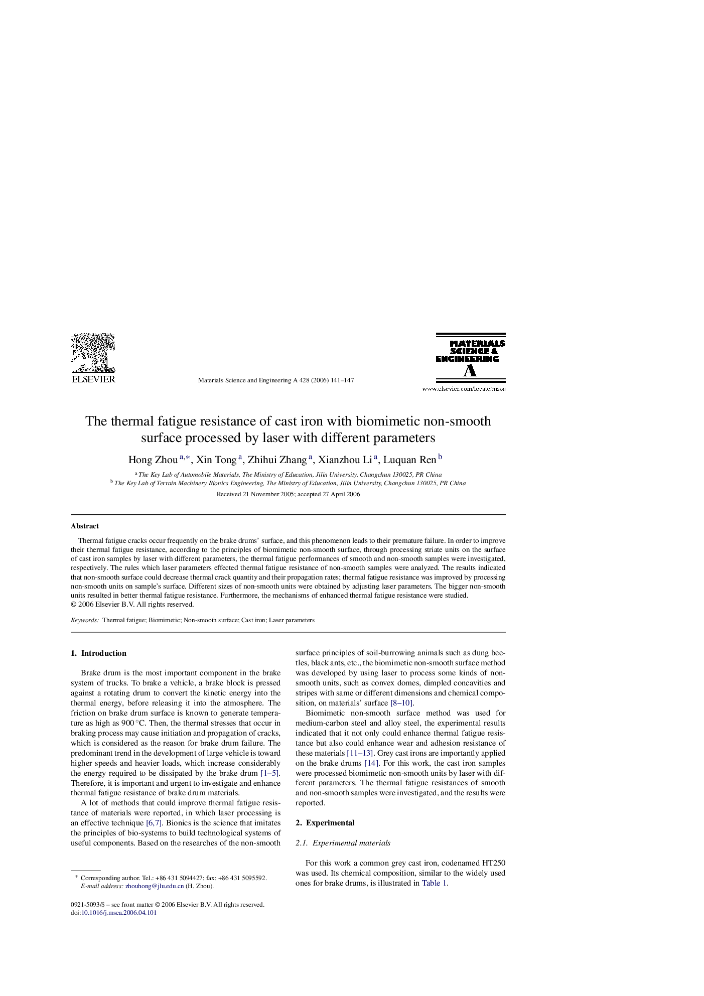 The thermal fatigue resistance of cast iron with biomimetic non-smooth surface processed by laser with different parameters