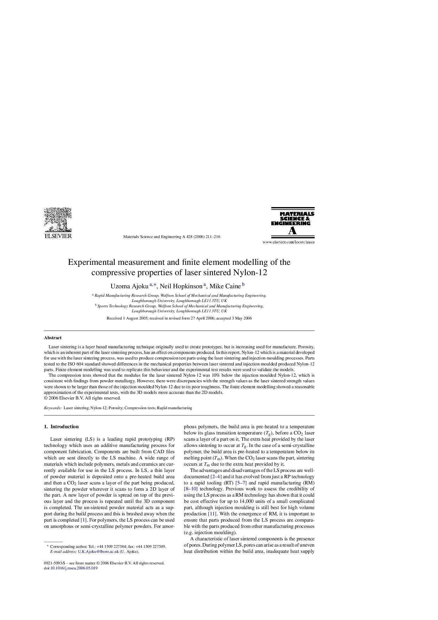 Experimental measurement and finite element modelling of the compressive properties of laser sintered Nylon-12