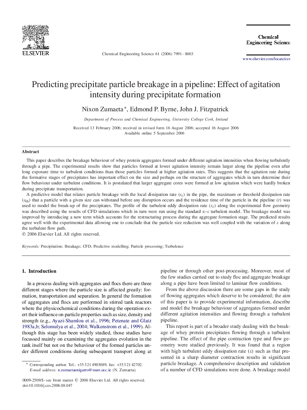 Predicting precipitate particle breakage in a pipeline: Effect of agitation intensity during precipitate formation