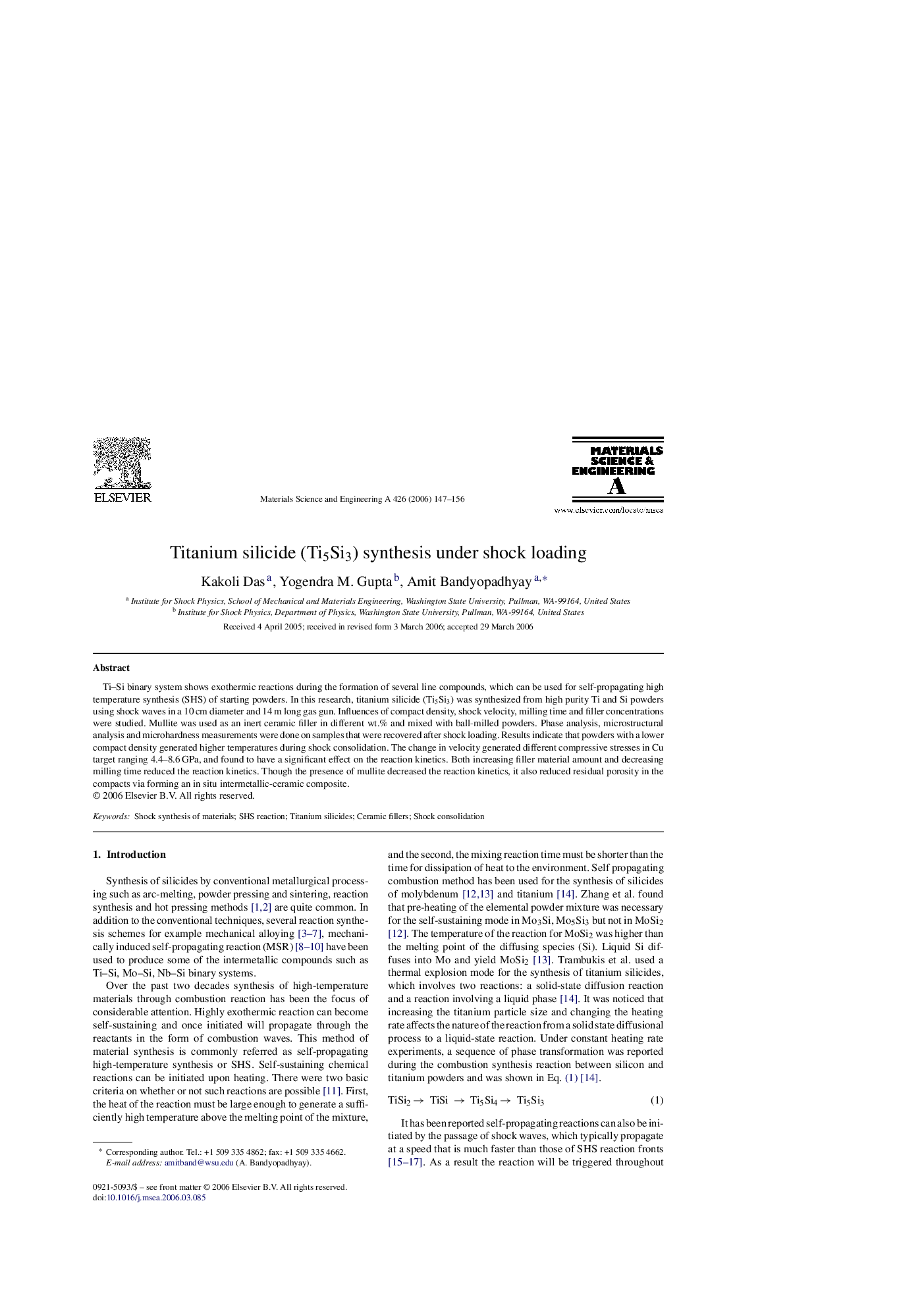 Titanium silicide (Ti5Si3) synthesis under shock loading