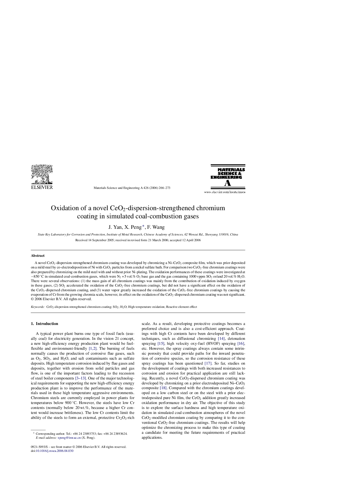 Oxidation of a novel CeO2-dispersion-strengthened chromium coating in simulated coal-combustion gases