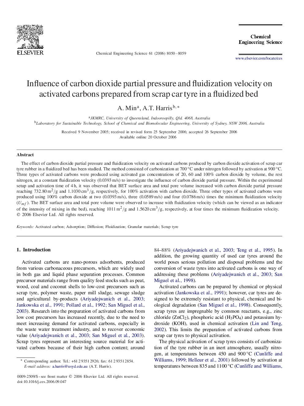 Influence of carbon dioxide partial pressure and fluidization velocity on activated carbons prepared from scrap car tyre in a fluidized bed