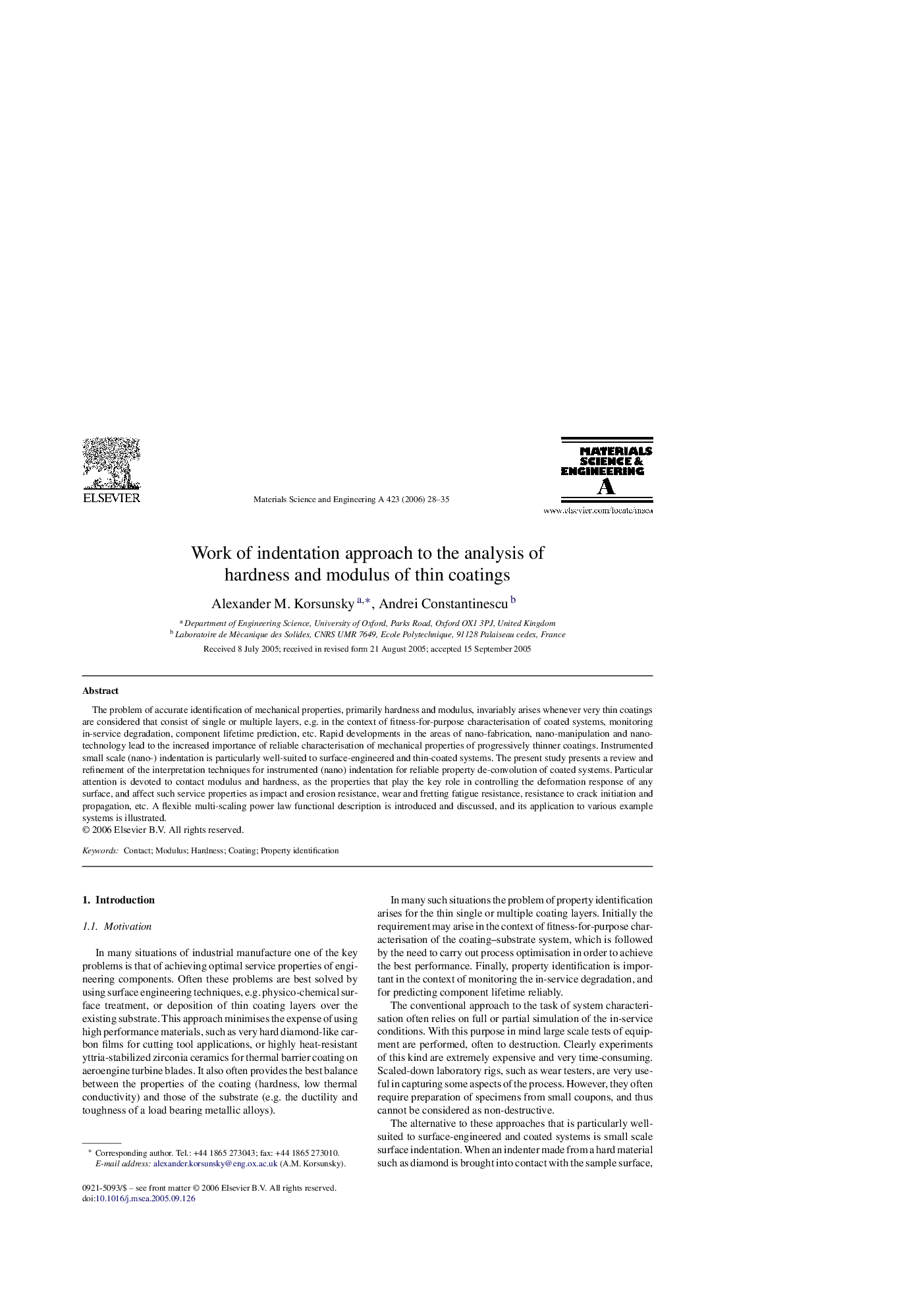 Work of indentation approach to the analysis of hardness and modulus of thin coatings