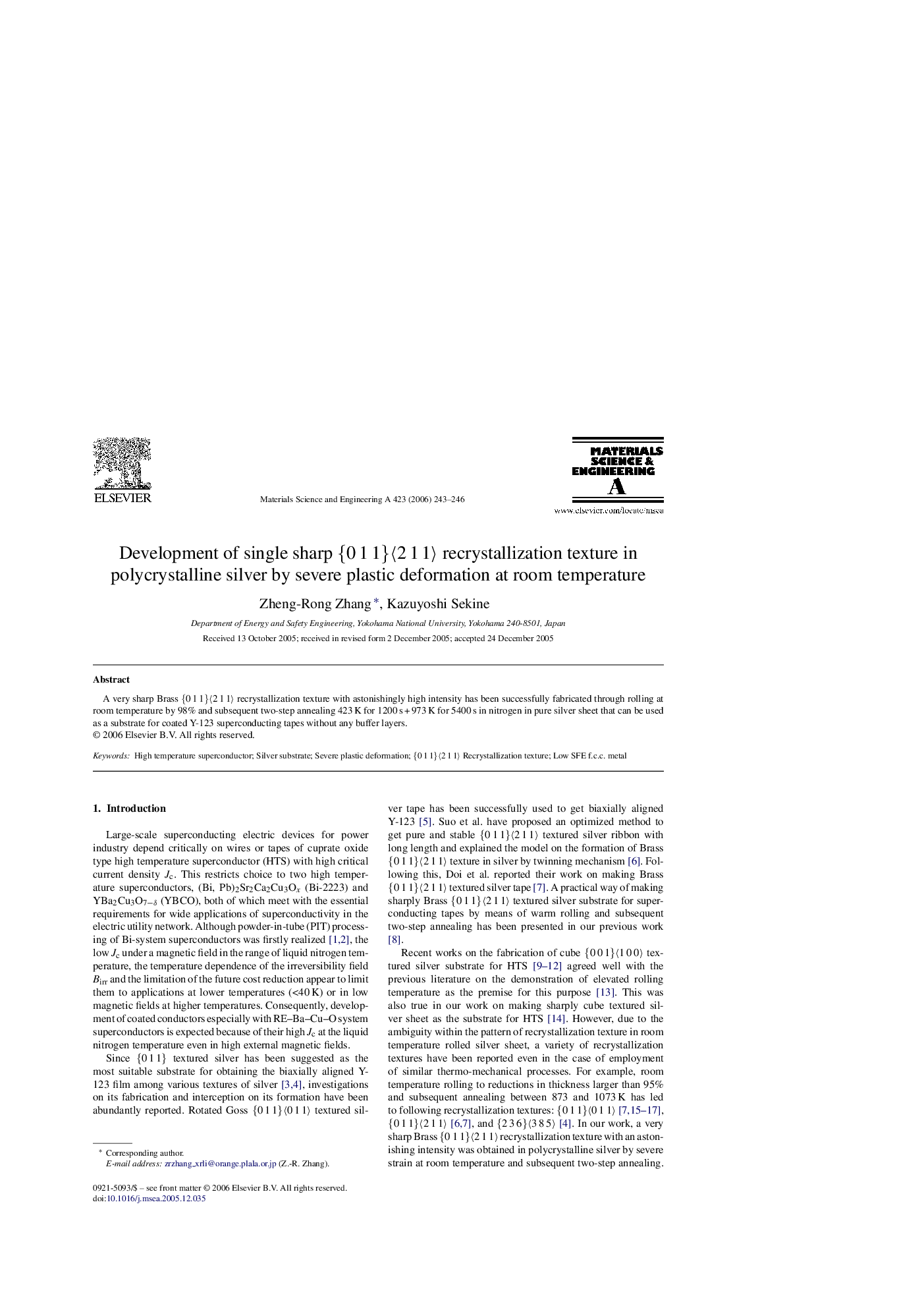 Development of single sharp {0Â 1Â 1}ã2Â 1Â 1ã recrystallization texture in polycrystalline silver by severe plastic deformation at room temperature