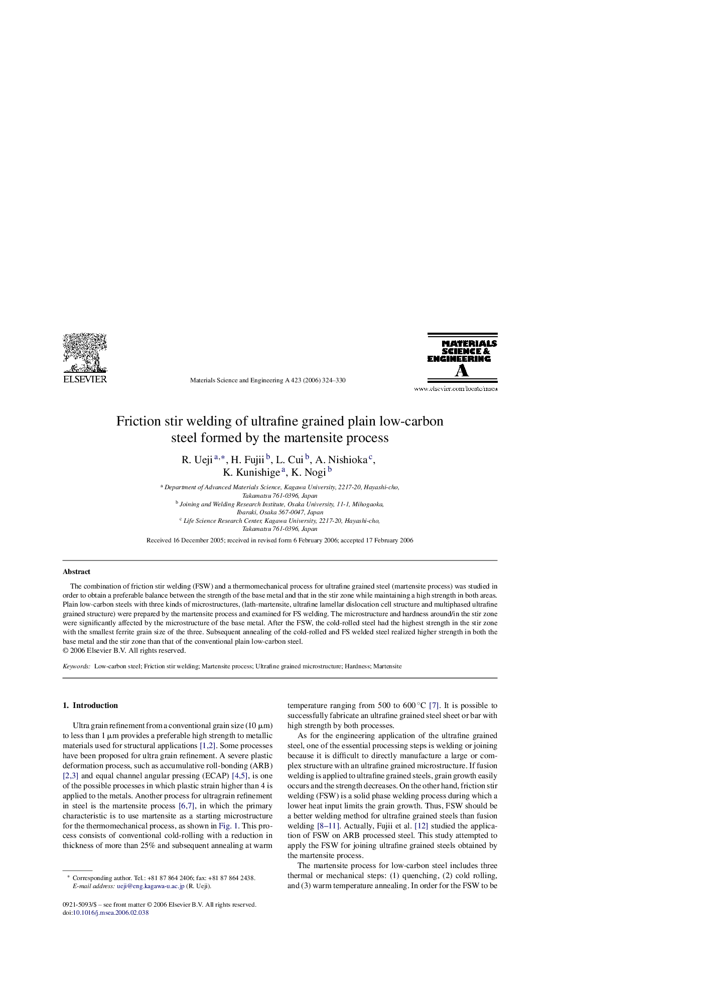 Friction stir welding of ultrafine grained plain low-carbon steel formed by the martensite process