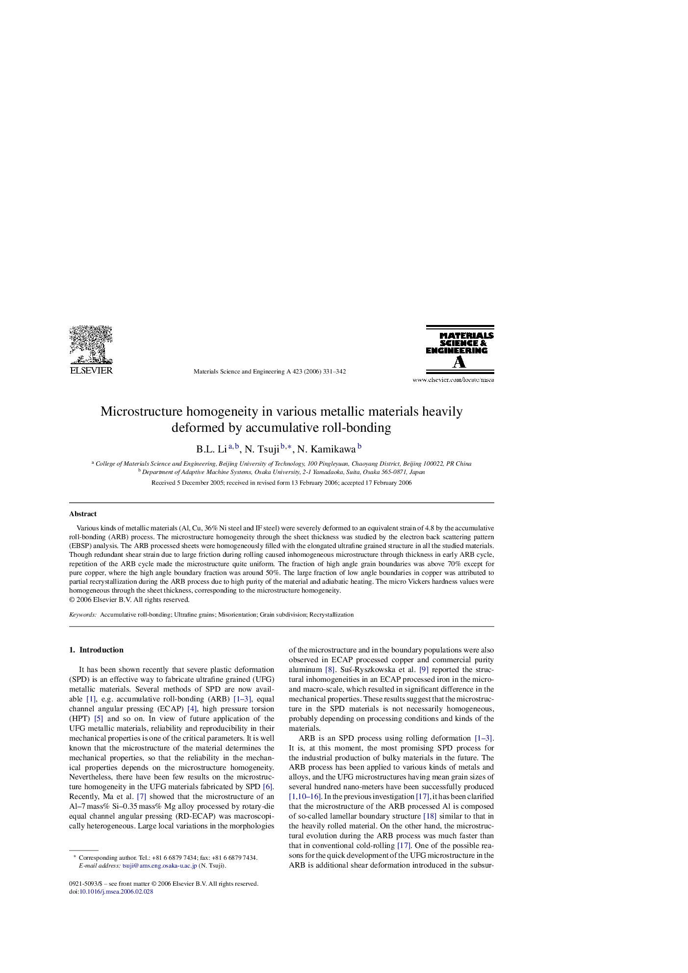 Microstructure homogeneity in various metallic materials heavily deformed by accumulative roll-bonding