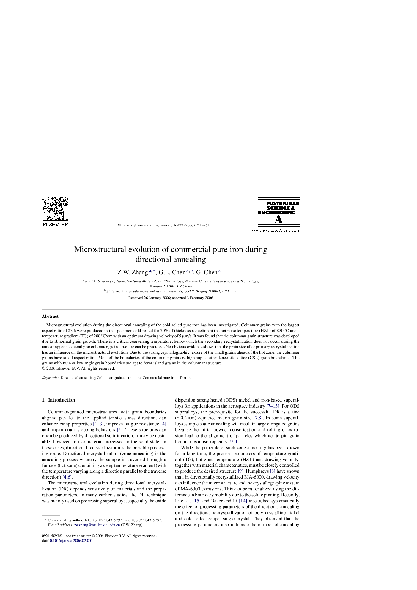 Microstructural evolution of commercial pure iron during directional annealing