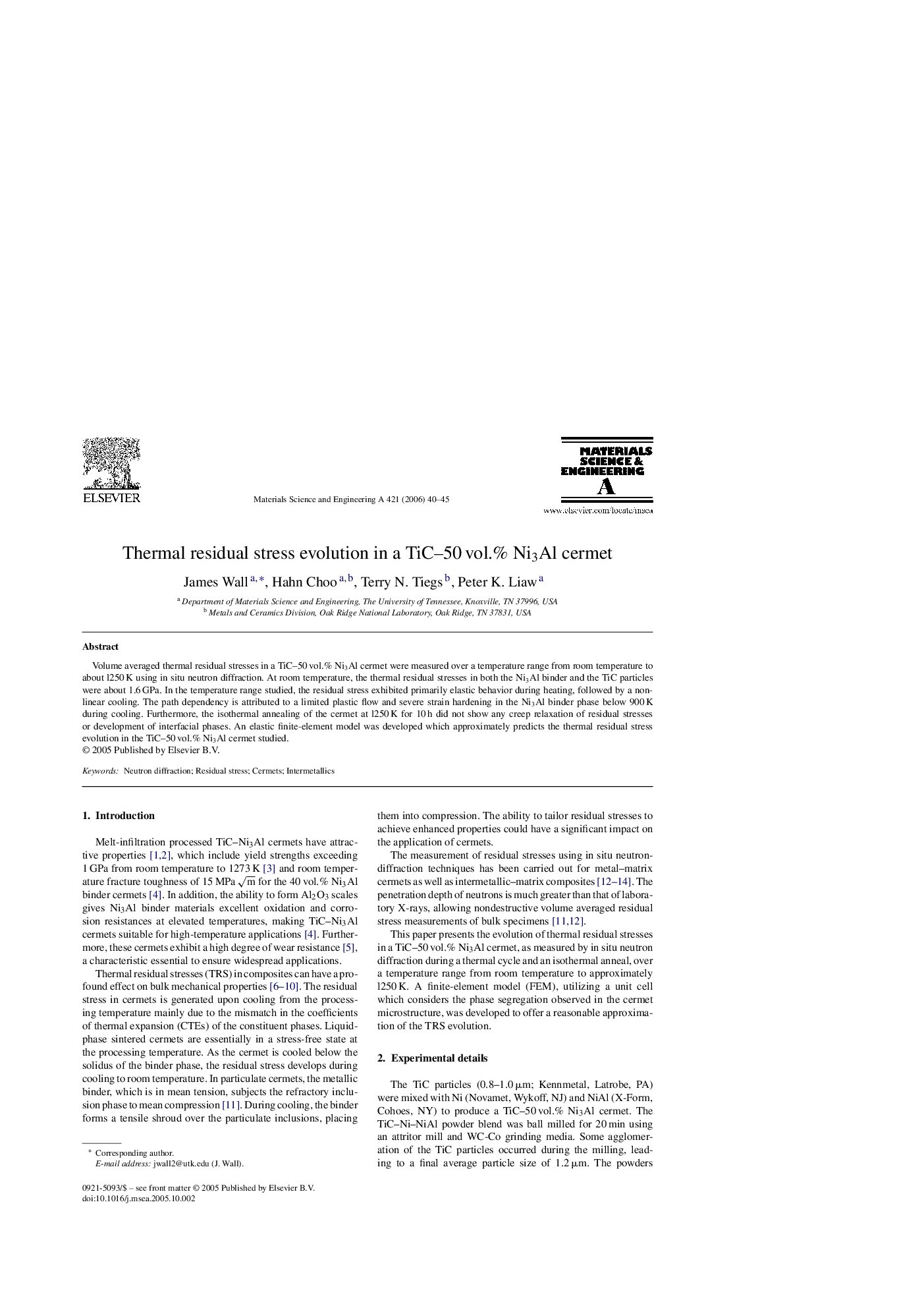 Thermal residual stress evolution in a TiC–50 vol.% Ni3Al cermet