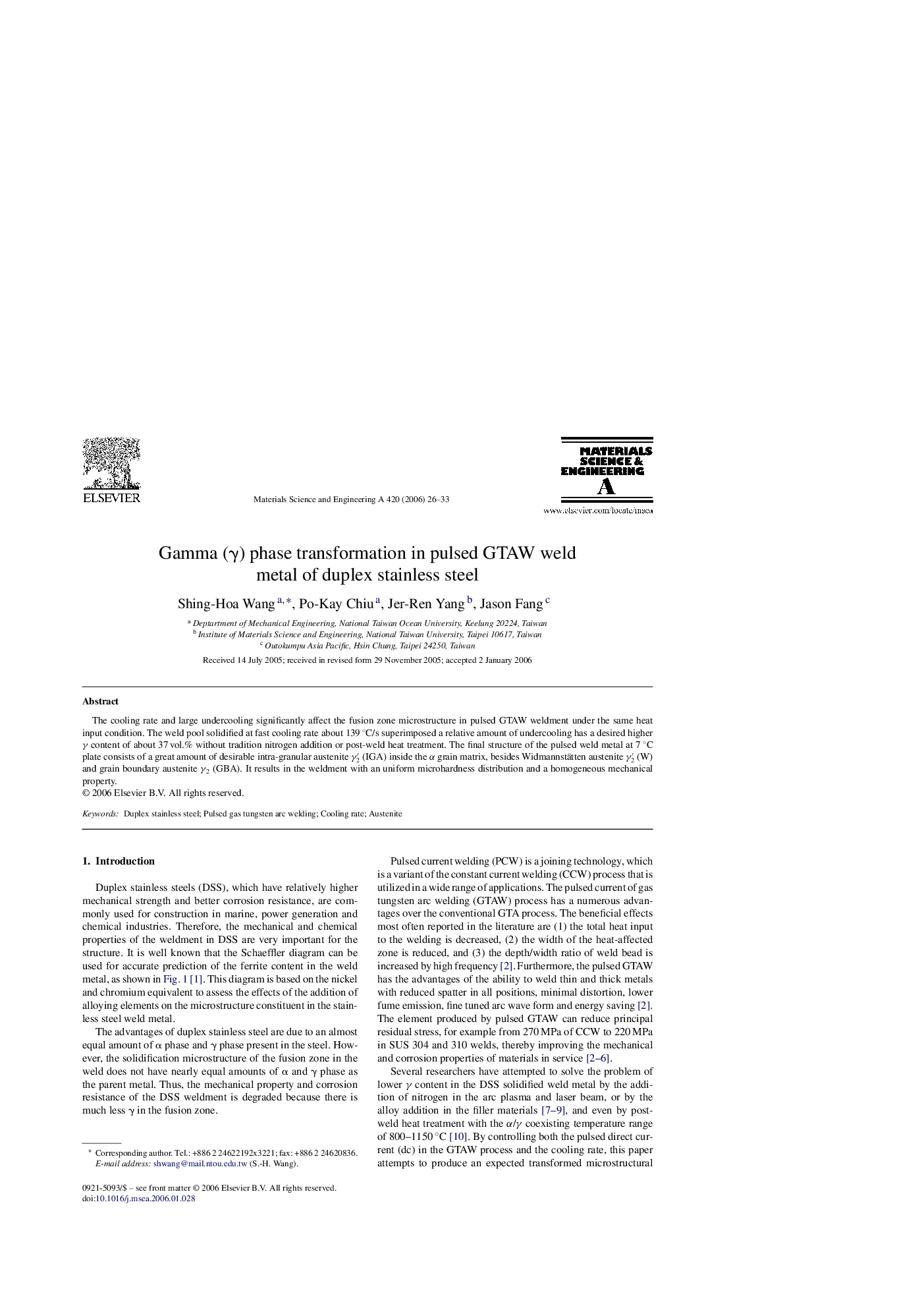 Gamma (γ) phase transformation in pulsed GTAW weld metal of duplex stainless steel