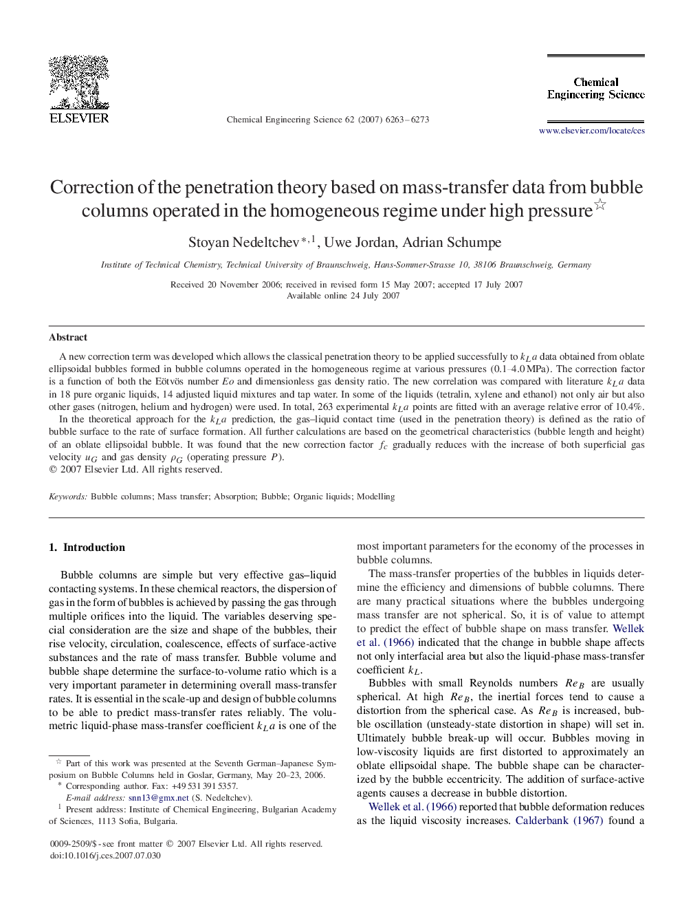 Correction of the penetration theory based on mass-transfer data from bubble columns operated in the homogeneous regime under high pressure 