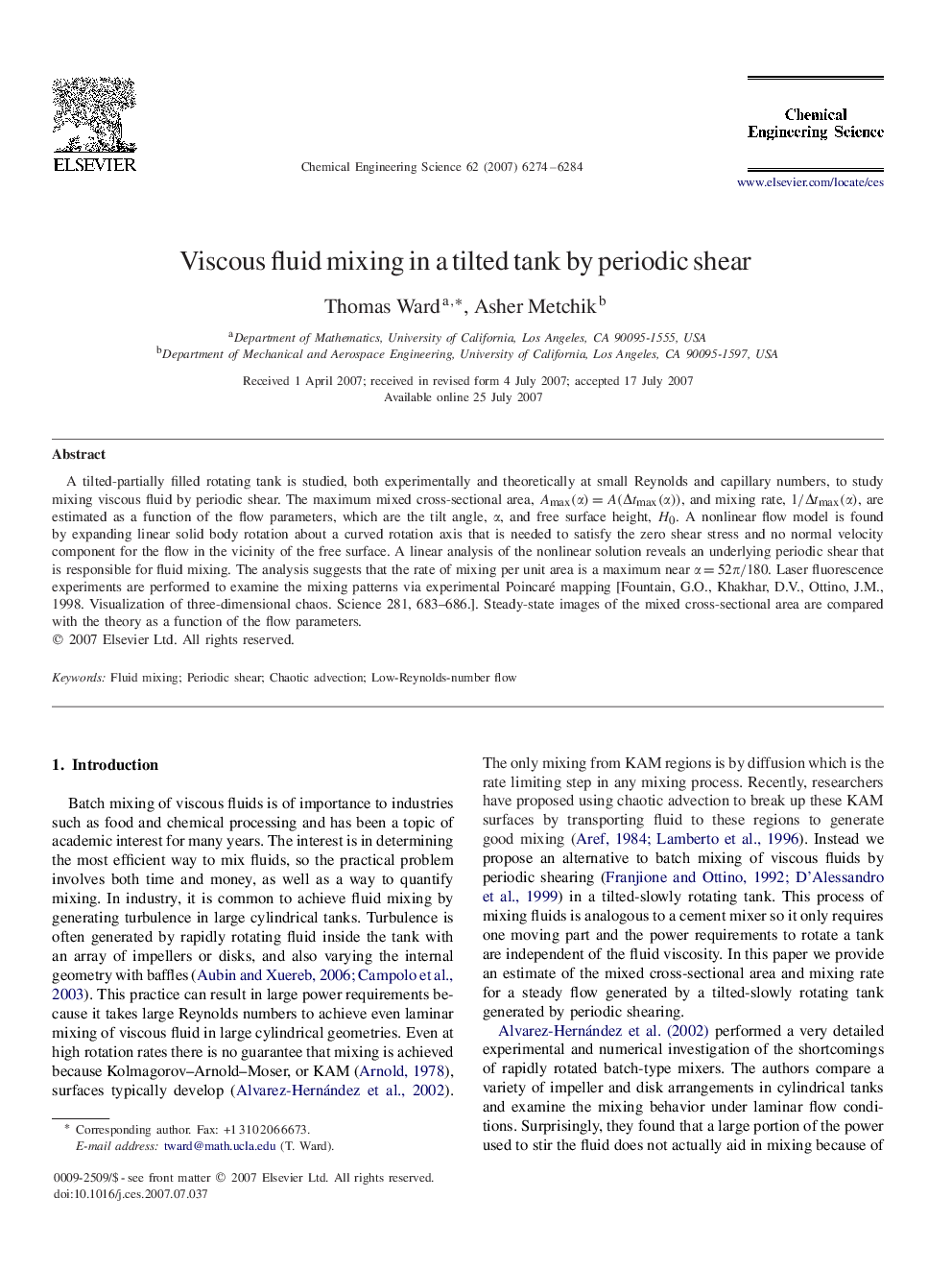 Viscous fluid mixing in a tilted tank by periodic shear