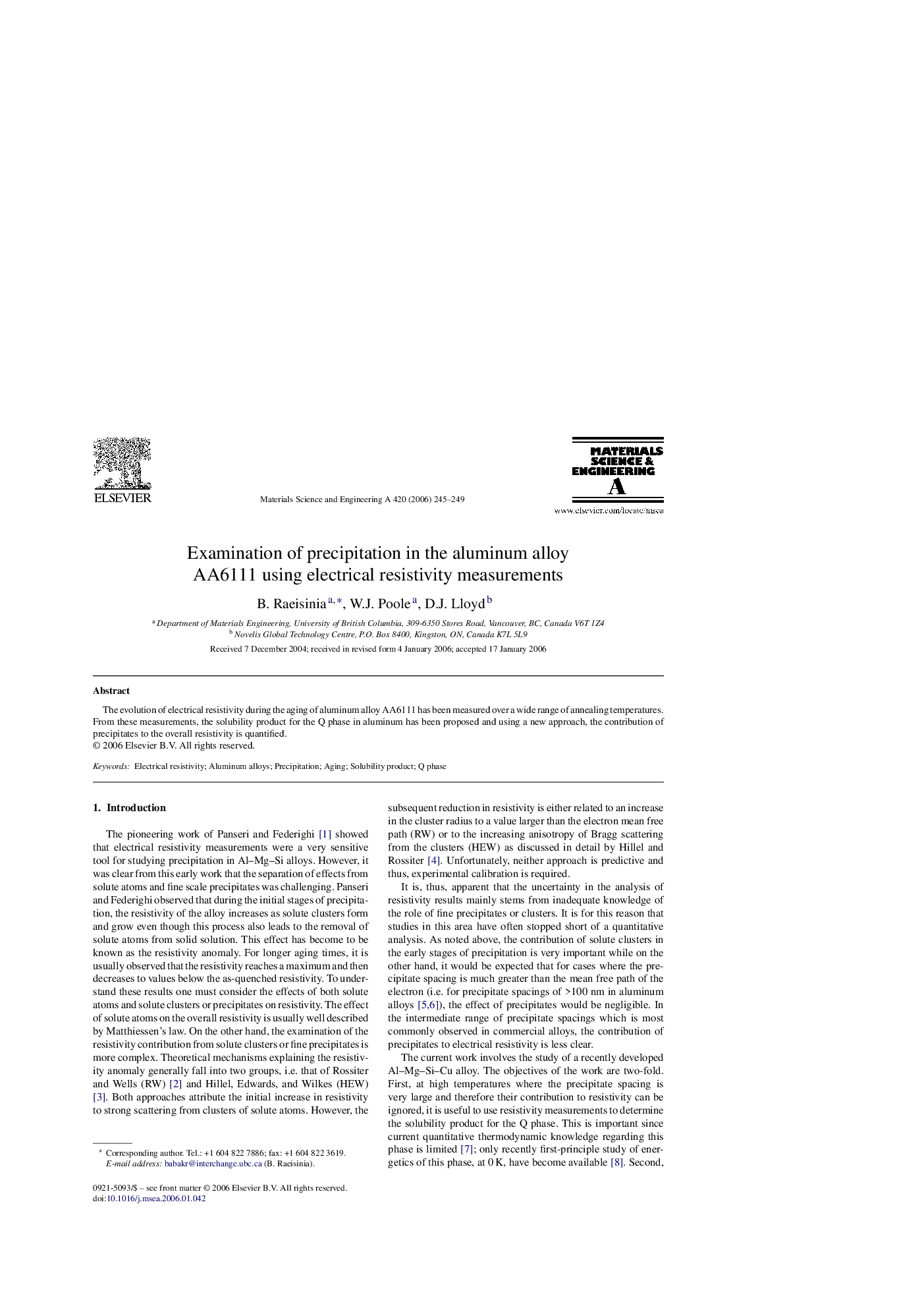 Examination of precipitation in the aluminum alloy AA6111 using electrical resistivity measurements